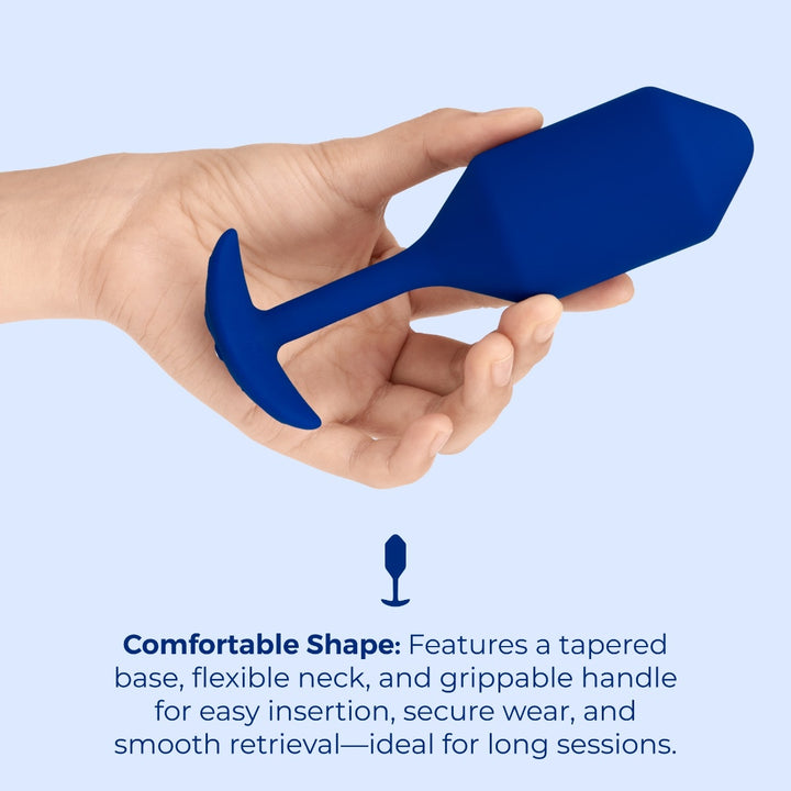 b-Vibe Snug Plug 4 in Navy shown from the side highlighting the flexible neck