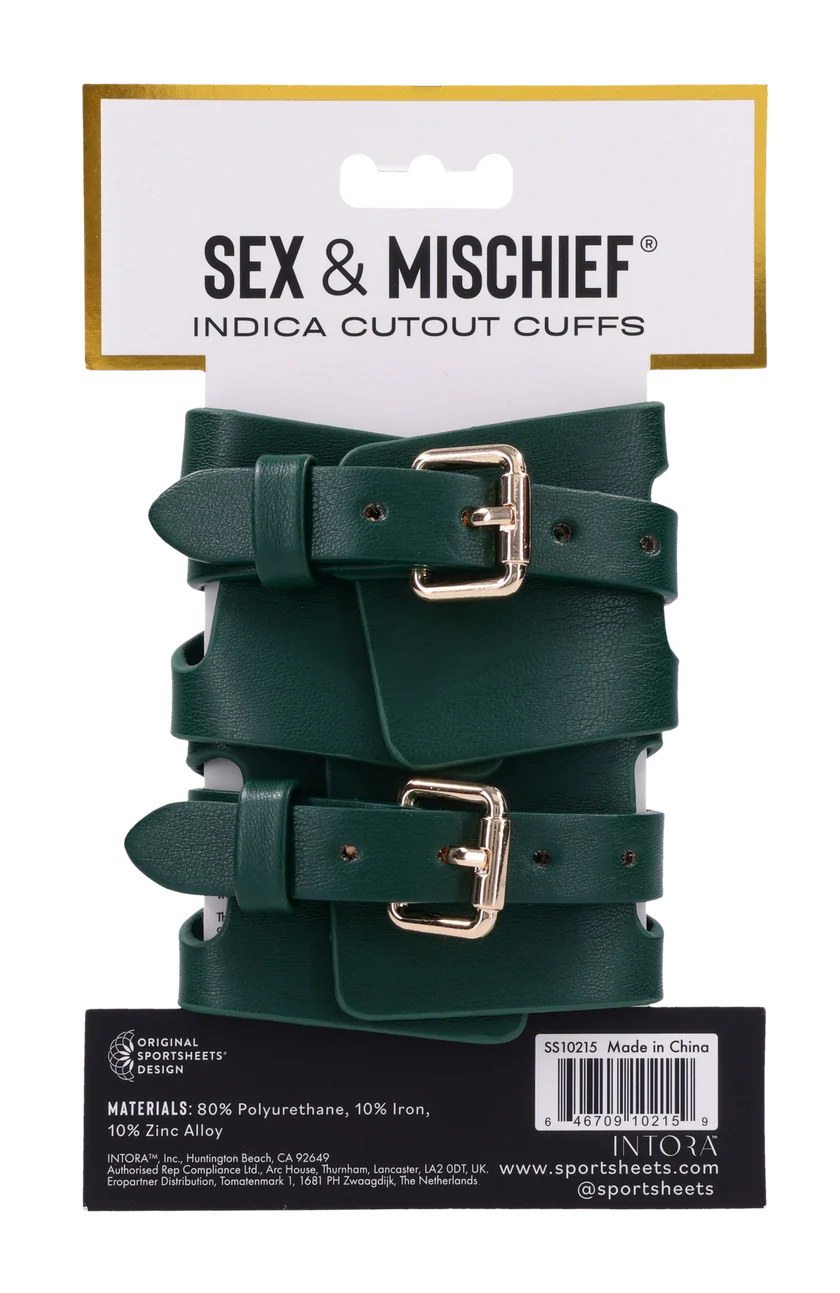 Emerald green faux leather wrist cuffs with cutout detailing and gold chain hardware
