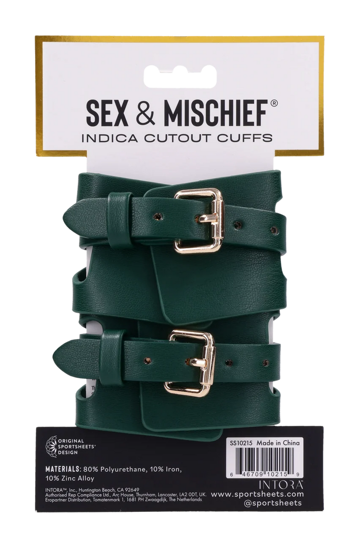 Emerald green faux leather wrist cuffs with cutout detailing and gold chain hardware