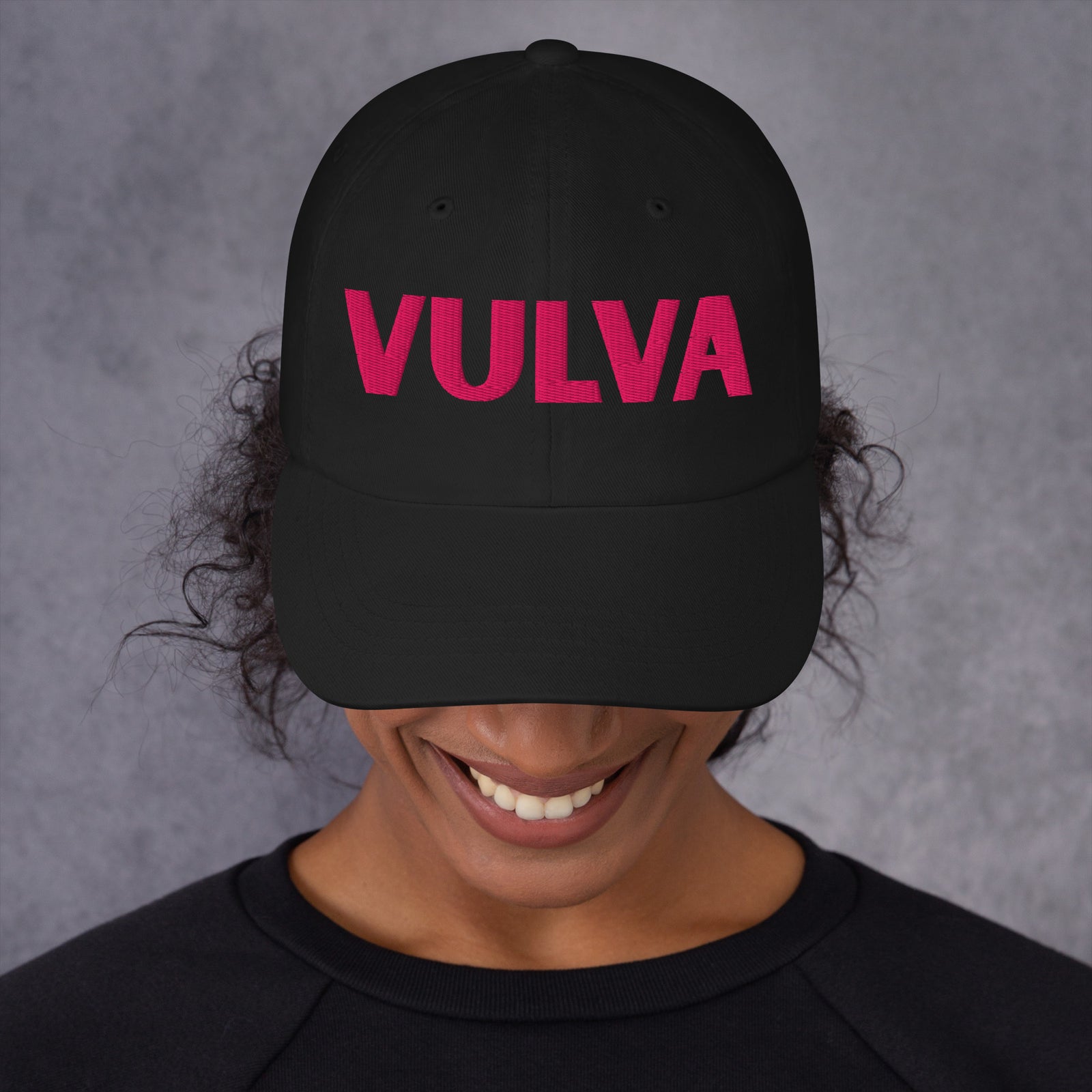 VULVA Dad Cap (Pink Text), black colorway, front view | MOTHERLODE