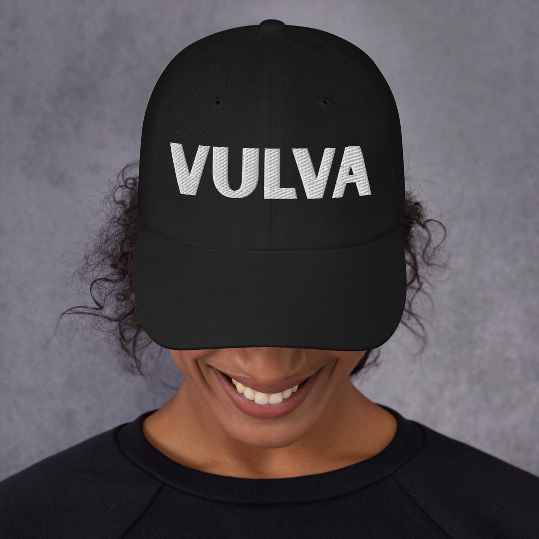 VULVA Dad Cap (White Text), black colorway, front view | MOTHERLODE