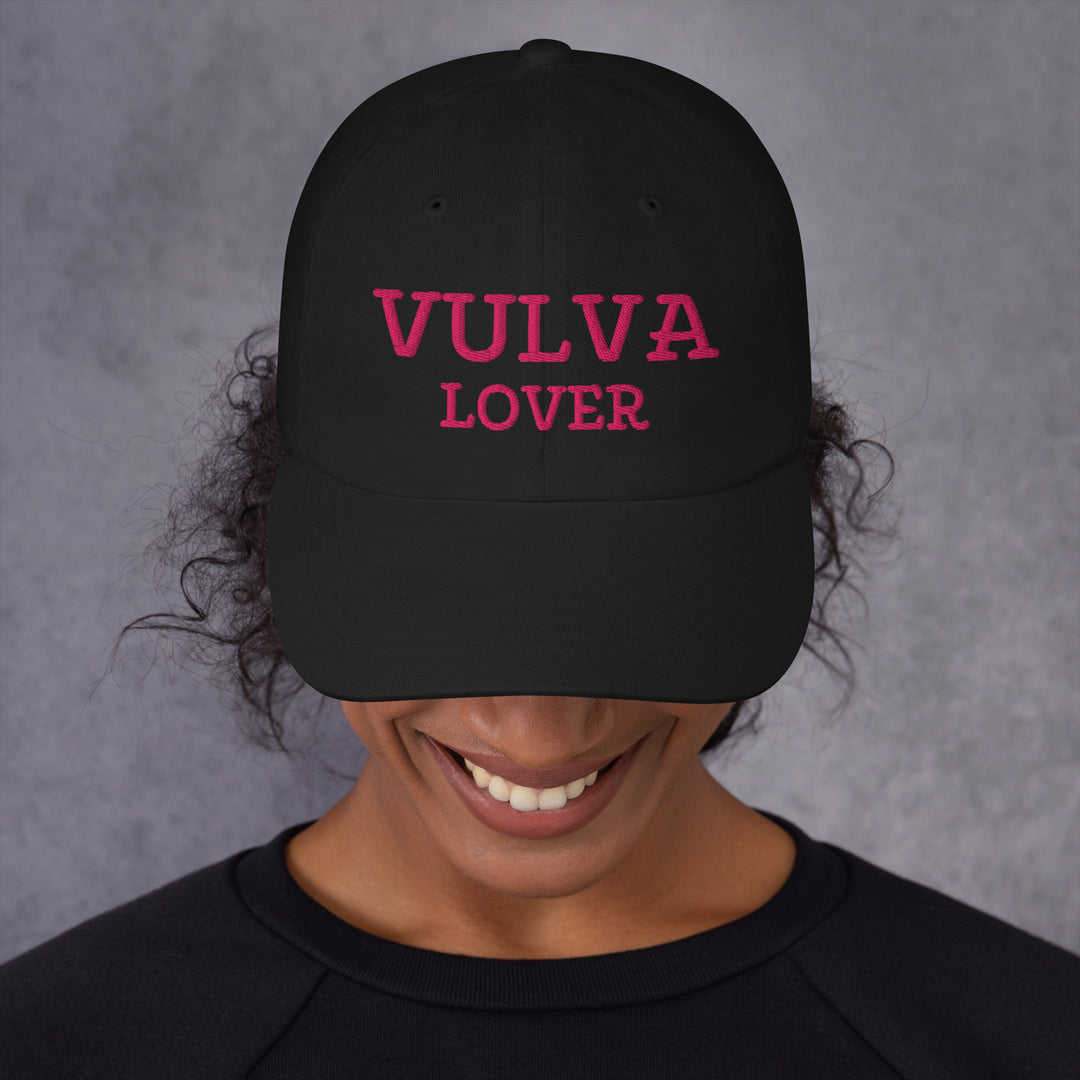 Vulva Lover Dad Cap (Pink Text), black colorway, front view | MOTHERLODE