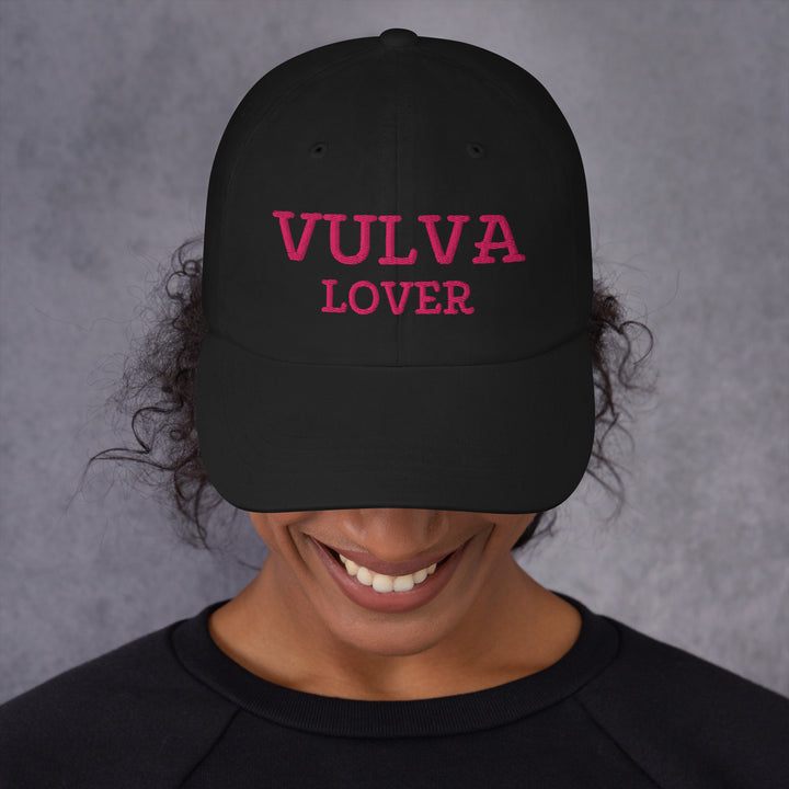 Vulva Lover Dad Cap (Pink Text), black colorway, front view | MOTHERLODE