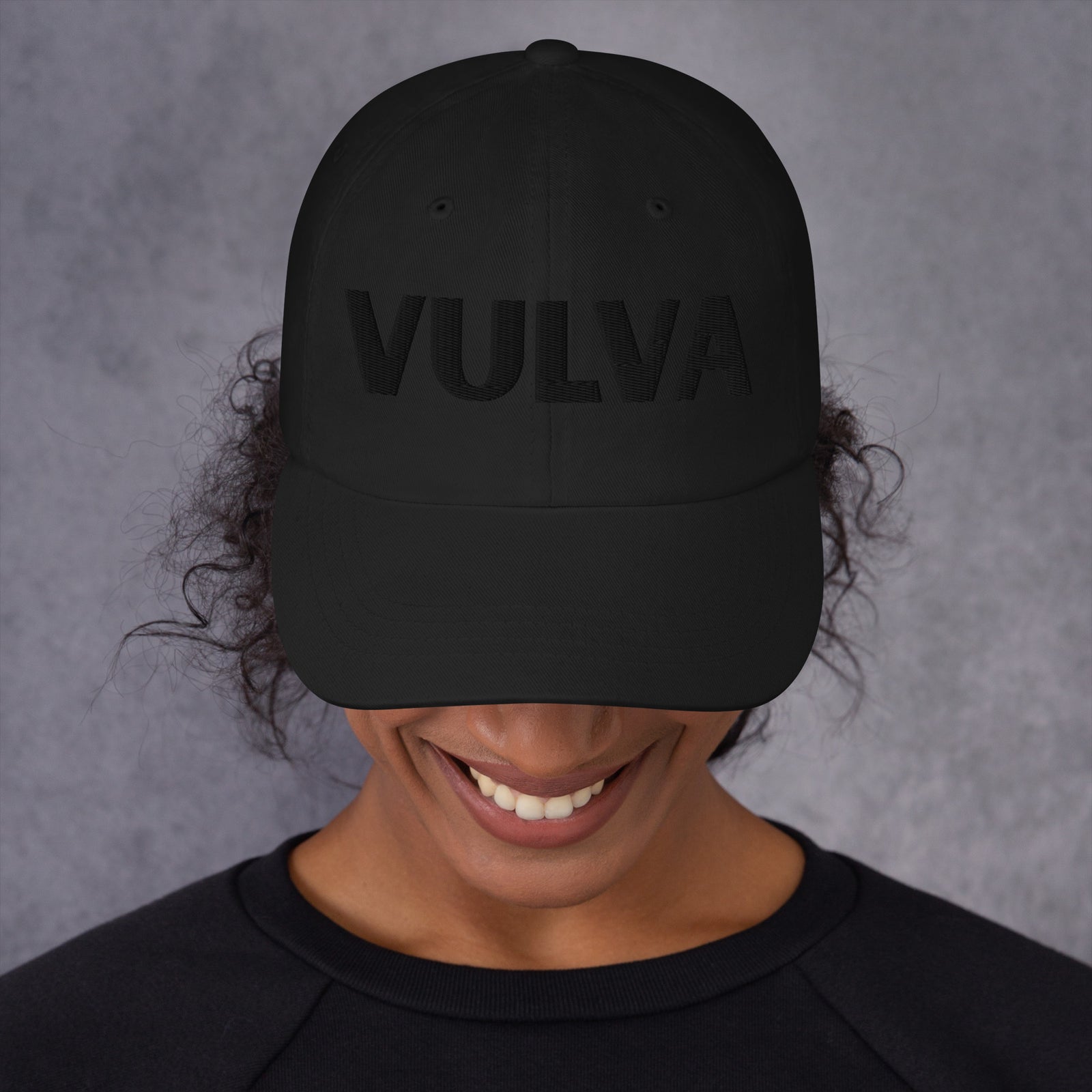 VULVA Dad Cap (Black Text), black colorway, front view | MOTHERLODE