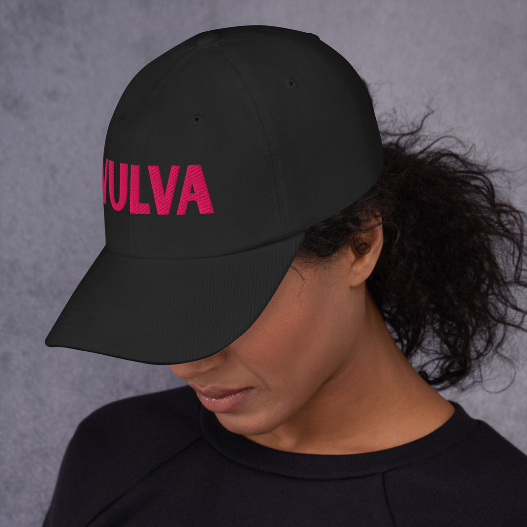 VULVA Dad Cap (Pink Text), black colorway, left side view | MOTHERLODE