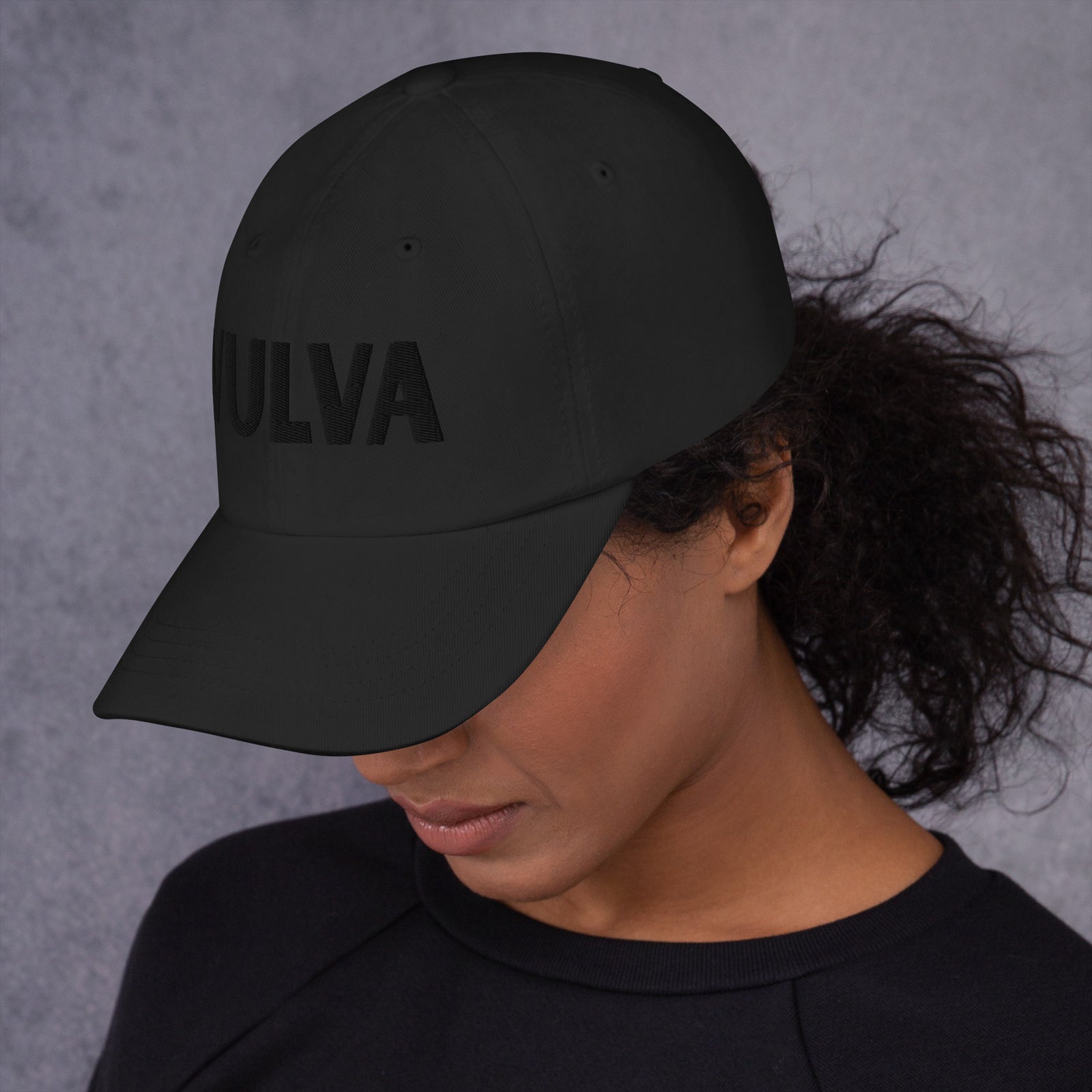 VULVA Dad Cap (Black Text), black colorway, left side view | MOTHERLODE