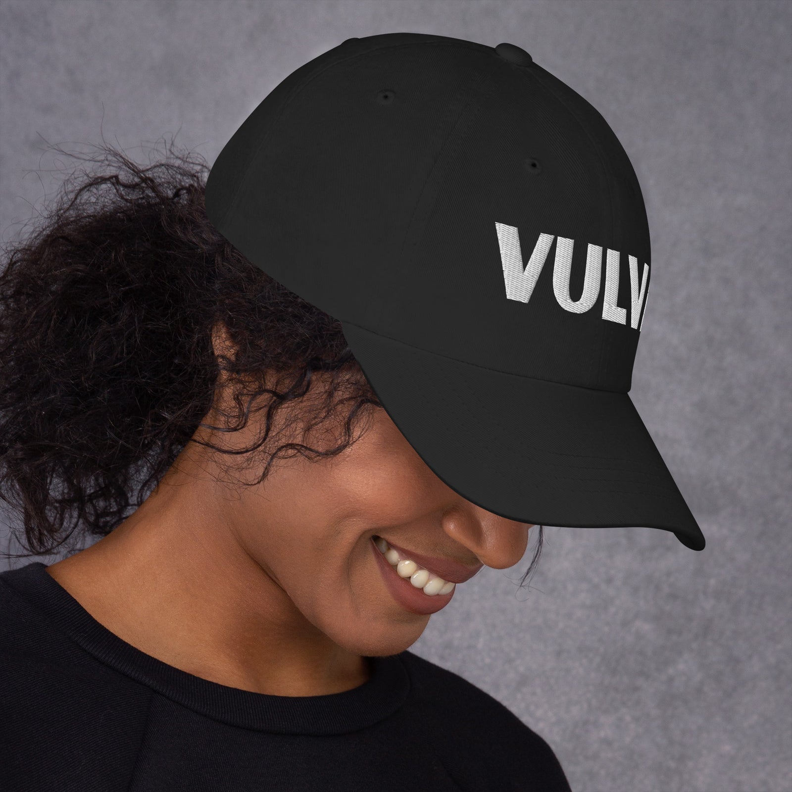 VULVA Dad Cap (White Text), black colorway, right side view | MOTHERLODE