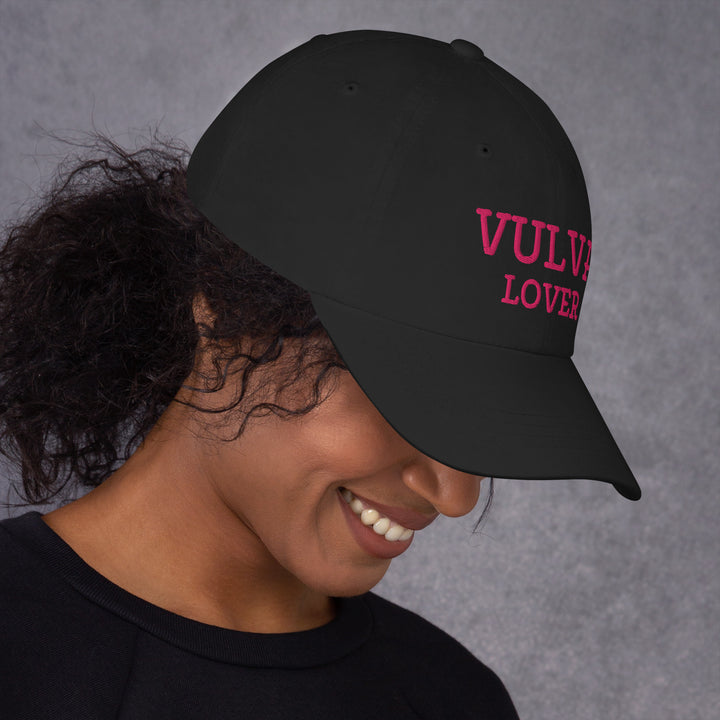 Vulva Lover Dad Cap (Pink Text), black colorway, right side view | MOTHERLODE
