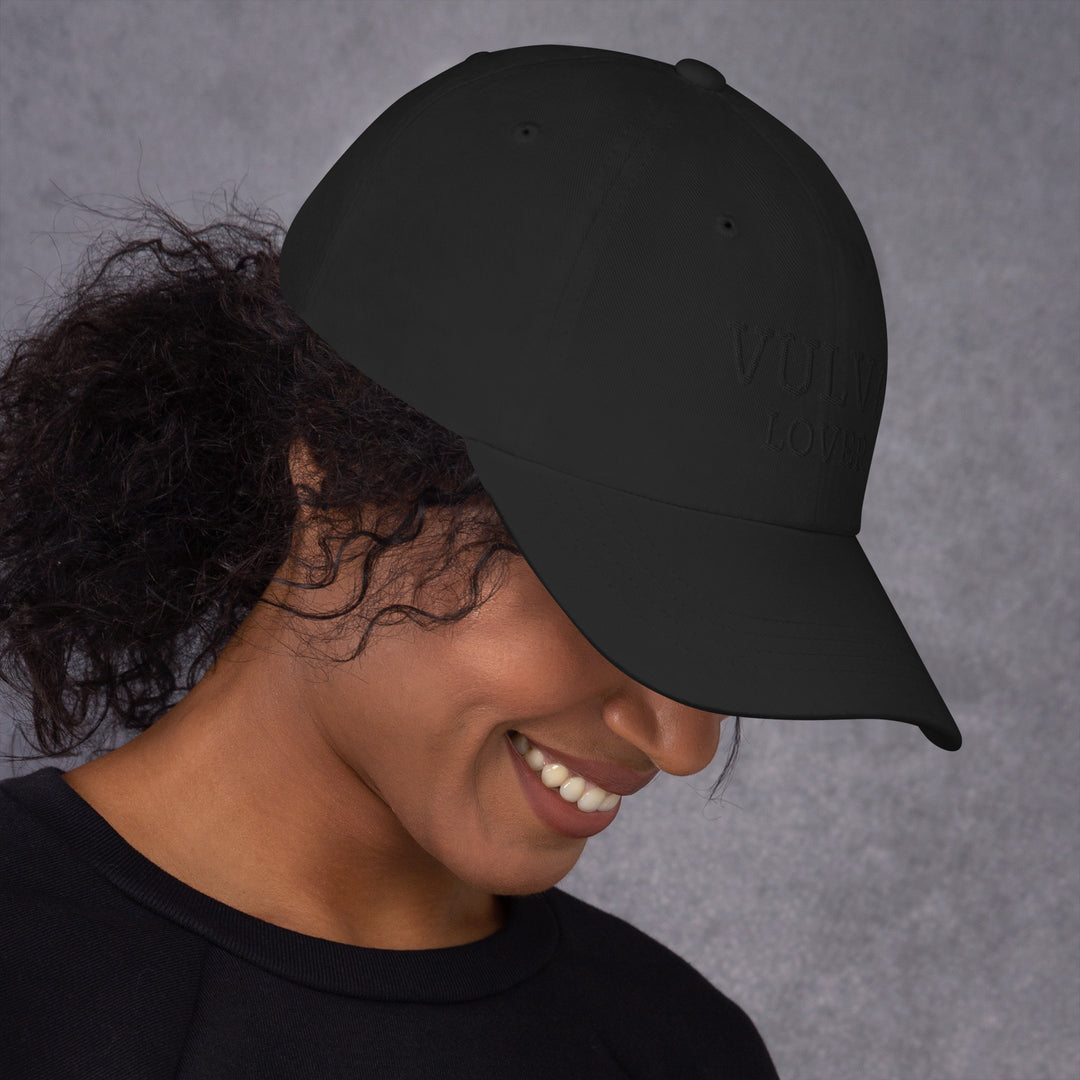 Vulva Lover Dad Cap (Black Text), black colorway, right side view | MOTHERLODE