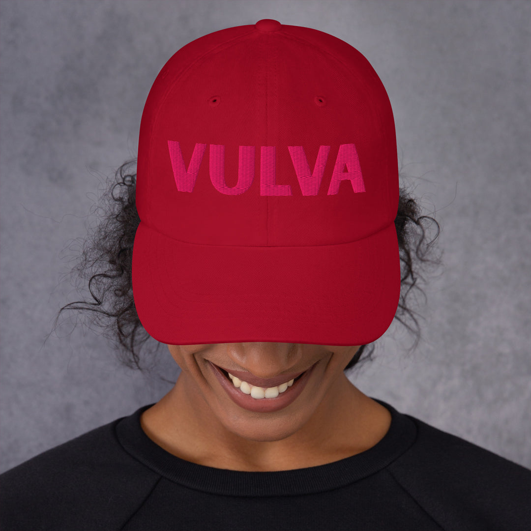 VULVA Dad Cap (Pink Text), cranberry colorway, front view | MOTHERLODE