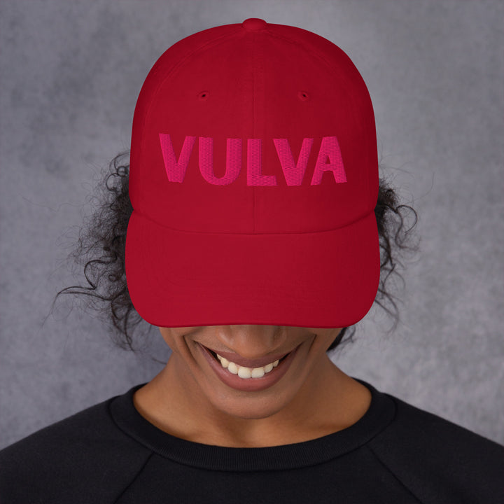 VULVA Dad Cap (Pink Text), cranberry colorway, front view | MOTHERLODE