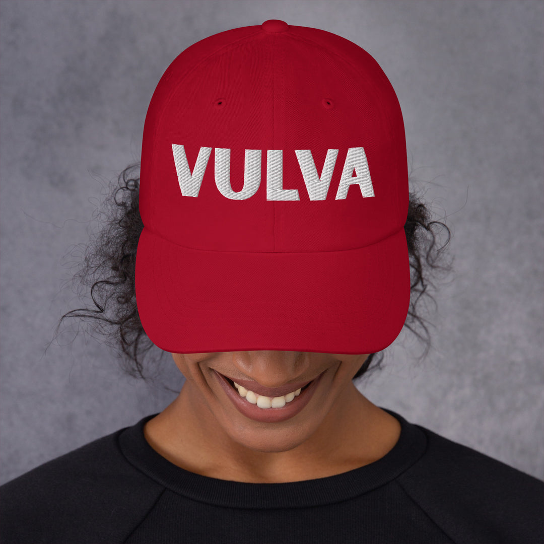 VULVA Dad Cap (White Text), cranberry colorway, front view | MOTHERLODE