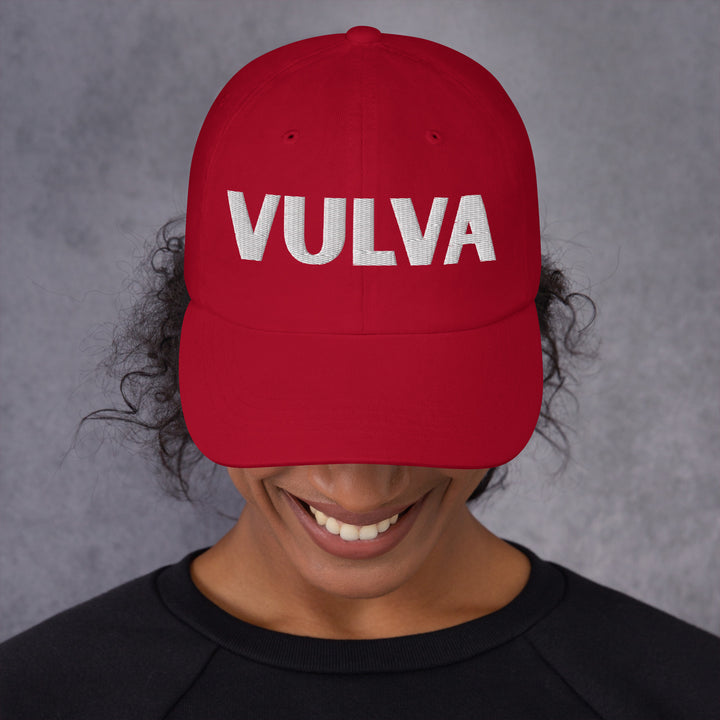VULVA Dad Cap (White Text), cranberry colorway, front view | MOTHERLODE
