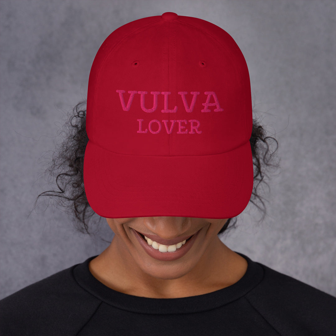 Vulva Lover Dad Cap (Pink Text), cranberry colorway, front view | MOTHERLODE