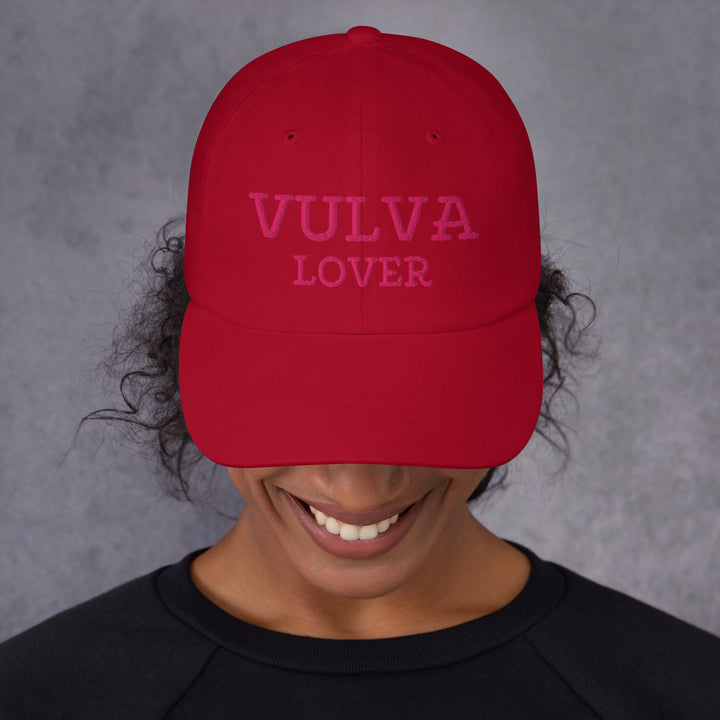 Vulva Lover Dad Cap (Pink Text), cranberry colorway, front view | MOTHERLODE