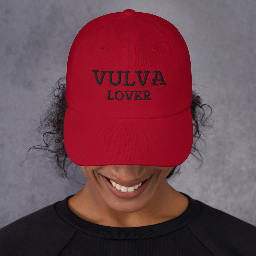 Vulva Lover Dad Cap (Black Text), cranberry colorway, front view | MOTHERLODE