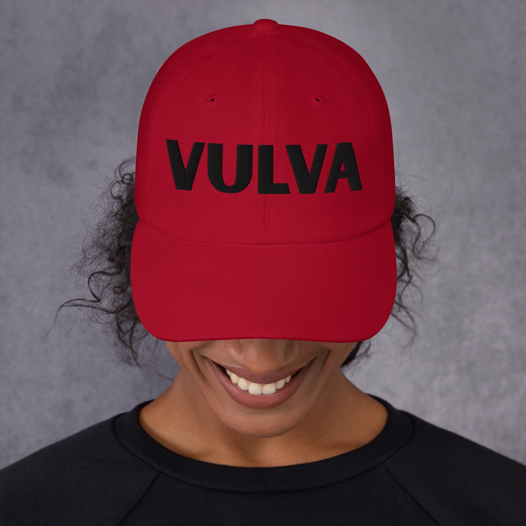 VULVA Dad Cap (Black Text), cranberry colorway, front view | MOTHERLODE