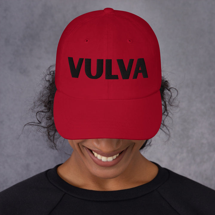 VULVA Dad Cap (Black Text), cranberry colorway, front view | MOTHERLODE