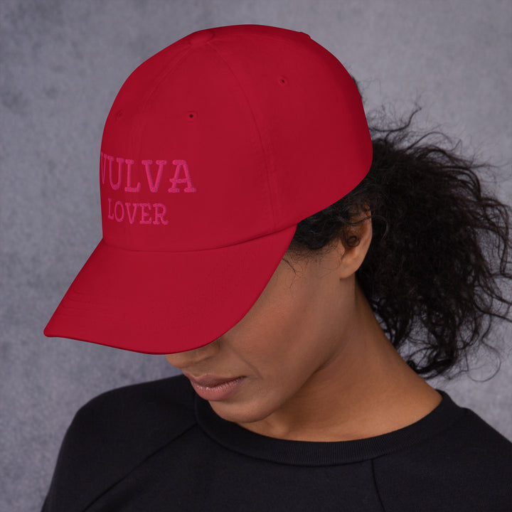 Vulva Lover Dad Cap (Pink Text), cranberry colorway, left side view | MOTHERLODE