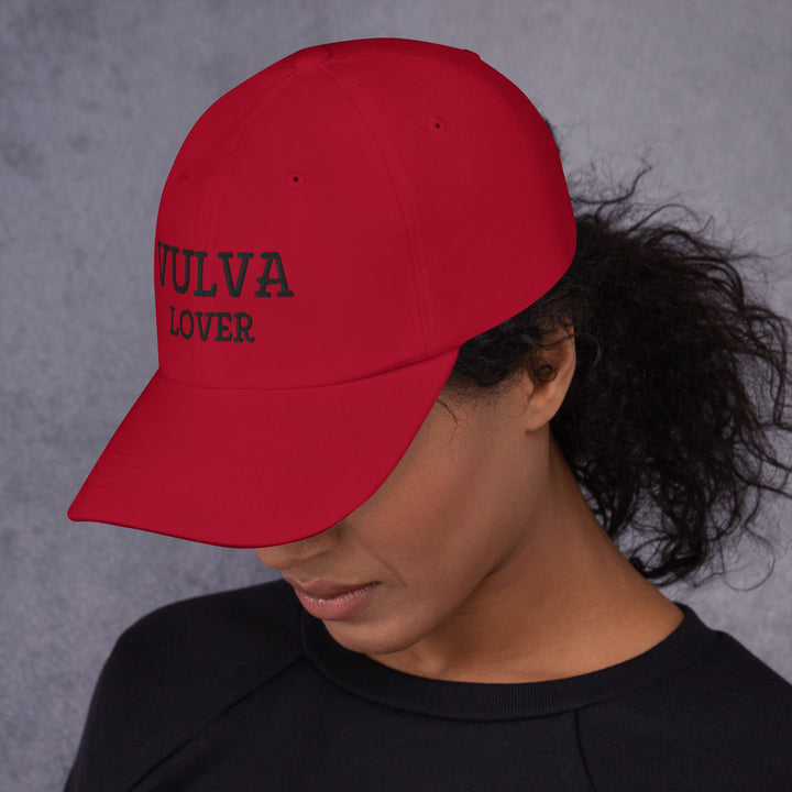 Vulva Lover Dad Cap (Black Text), cranberry colorway, left side view | MOTHERLODE