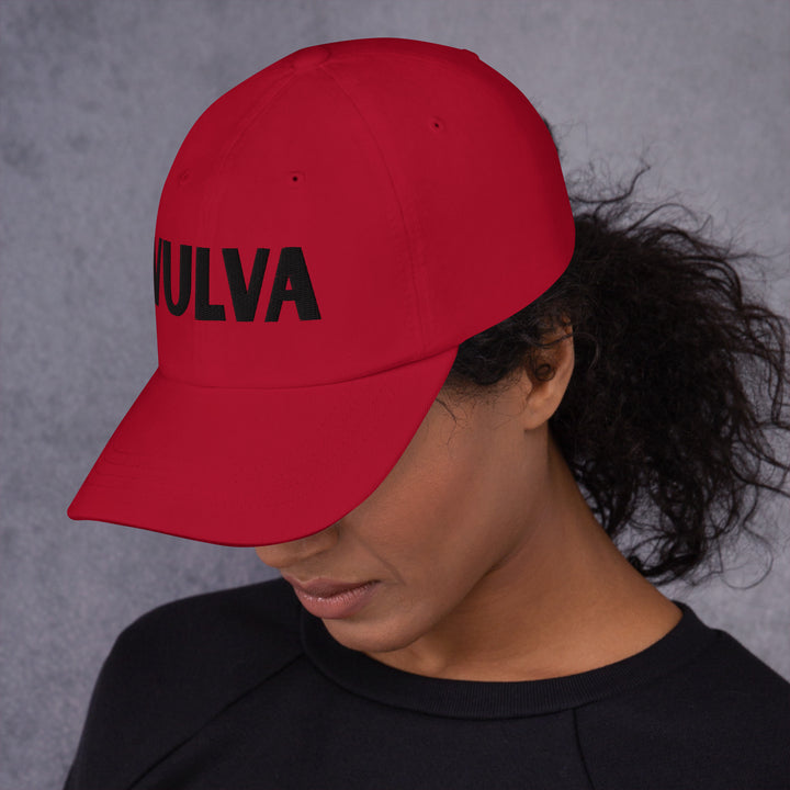 VULVA Dad Cap (Black Text), cranberry colorway, left side view | MOTHERLODE