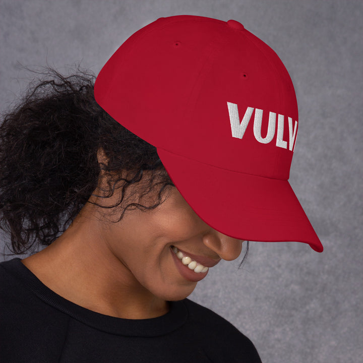 VULVA Dad Cap (White Text), cranberry colorway, right side view | MOTHERLODE