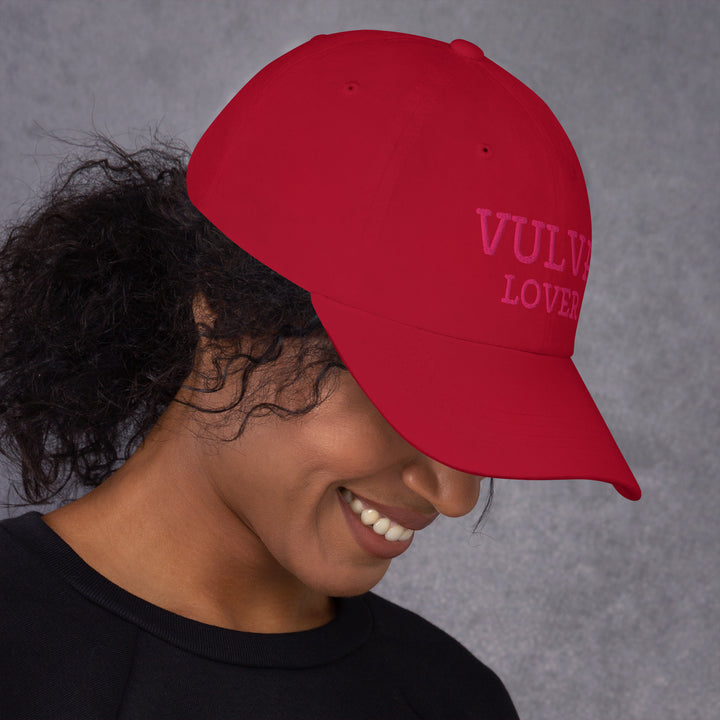 Vulva Lover Dad Cap (Pink Text), cranberry colorway, right side view | MOTHERLODE