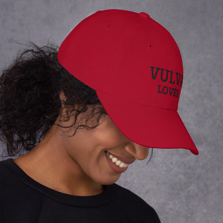 Vulva Lover Dad Cap (Black Text), cranberry colorway, right side view | MOTHERLODE