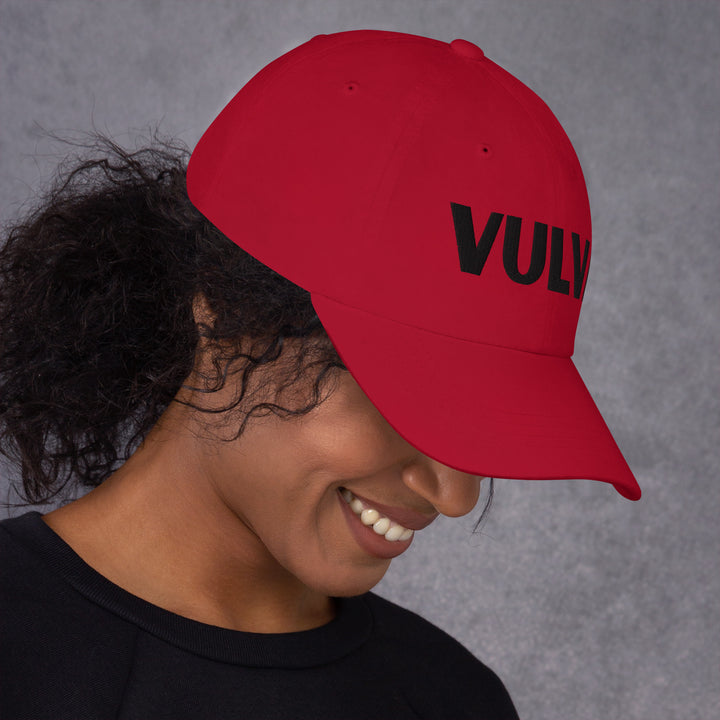 VULVA Dad Cap (Black Text), cranberry colorway, right side view | MOTHERLODE