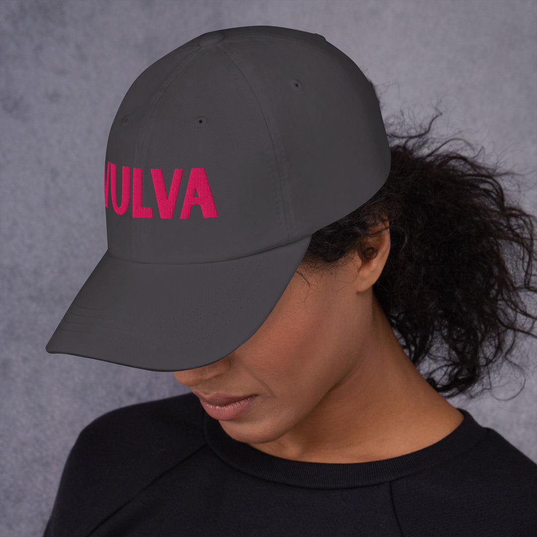 VULVA Dad Cap (Pink Text), dark grey colorway, left side view | MOTHERLODE