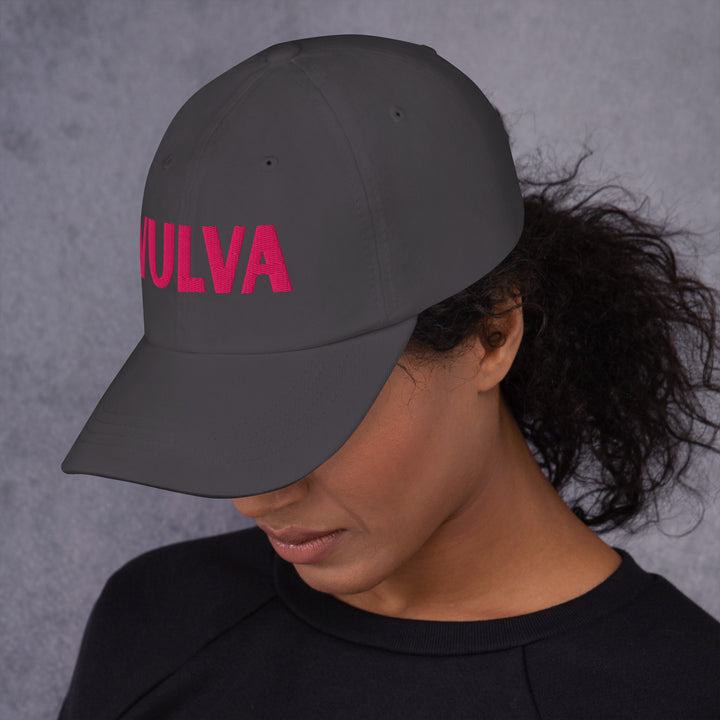 VULVA Dad Cap (Pink Text), dark grey colorway, left side view | MOTHERLODE