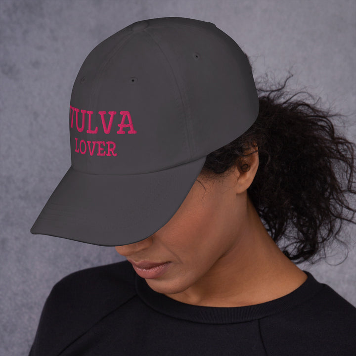 Vulva Lover Dad Cap (Pink Text), dark grey colorway, left side view | MOTHERLODE