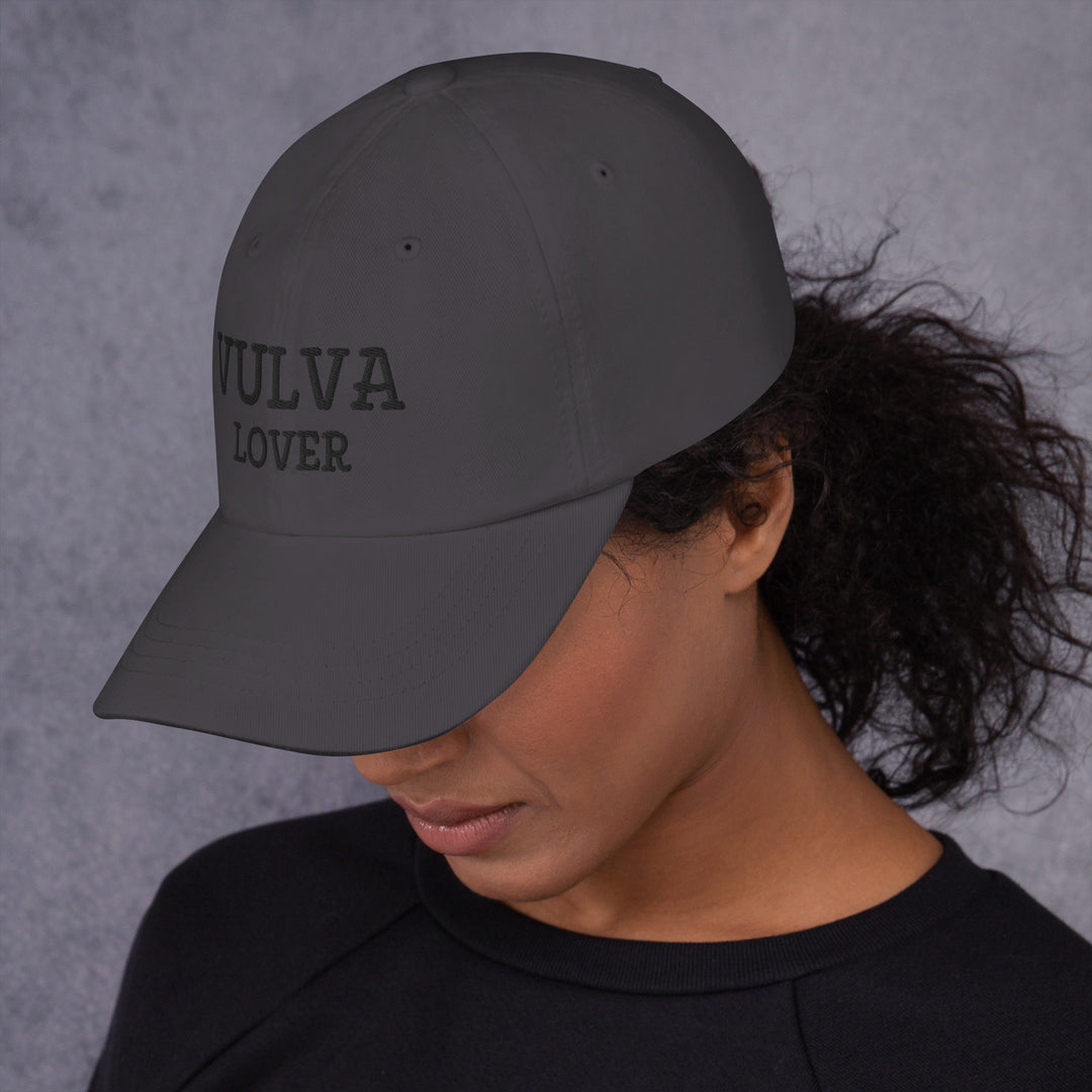 Vulva Lover Dad Cap (Black Text), dark grey colorway, left side view | MOTHERLODE