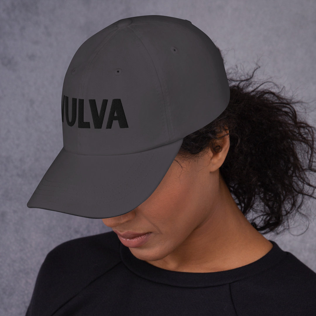 VULVA Dad Cap (Black Text), dark grey colorway, left side view | MOTHERLODE