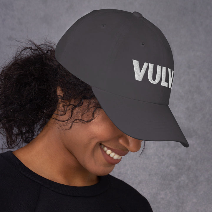 VULVA Dad Cap (White Text), dark grey colorway, right side view | MOTHERLODE
