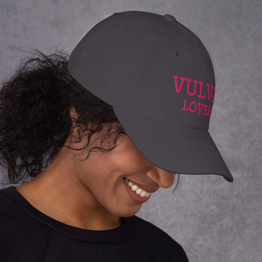 Vulva Lover Dad Cap (Pink Text), dark grey colorway, right side view | MOTHERLODE
