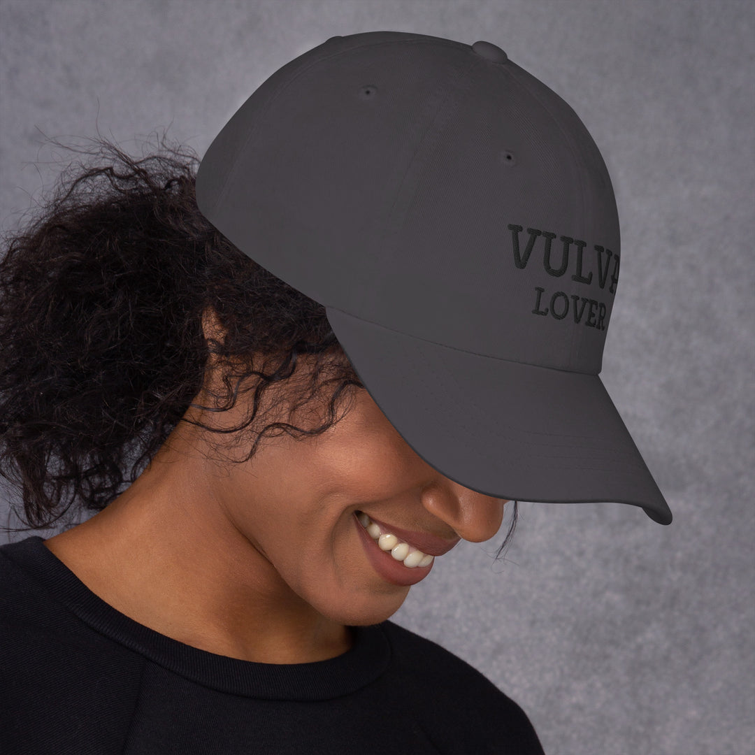 Vulva Lover Dad Cap (Black Text), dark grey colorway, right side view | MOTHERLODE