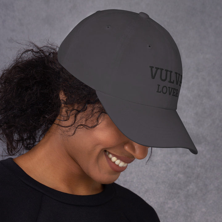 Vulva Lover Dad Cap (Black Text), dark grey colorway, right side view | MOTHERLODE