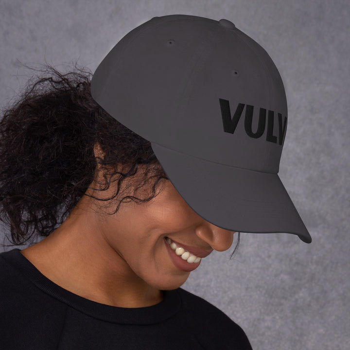 VULVA Dad Cap (Black Text), dark grey colorway, right side view | MOTHERLODE