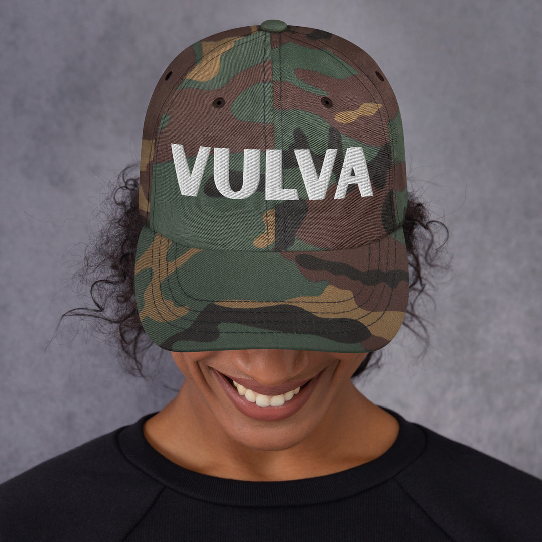VULVA Dad Cap (White Text), green camo colorway, front view | MOTHERLODE