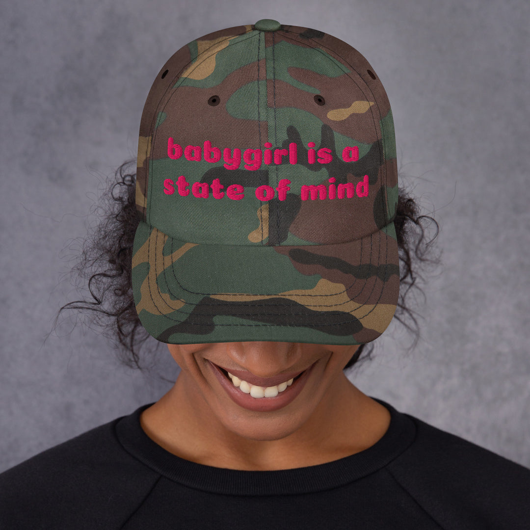 Babygirl Is a State of Mind Dad Cap, green camo colorway, front view | MOTHERLODE