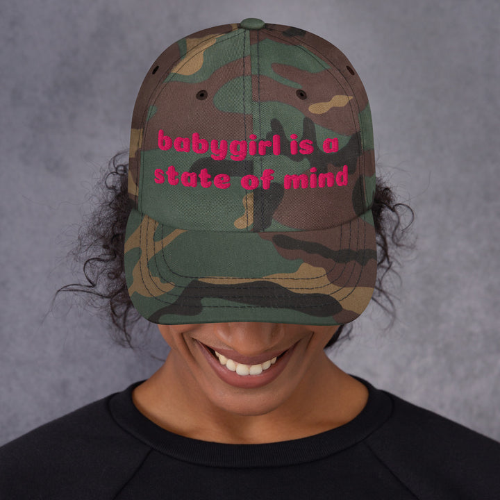 Babygirl Is a State of Mind Dad Cap, green camo colorway, front view | MOTHERLODE