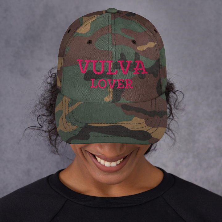 Vulva Lover Dad Cap (Pink Text), green camo colorway, front view | MOTHERLODE