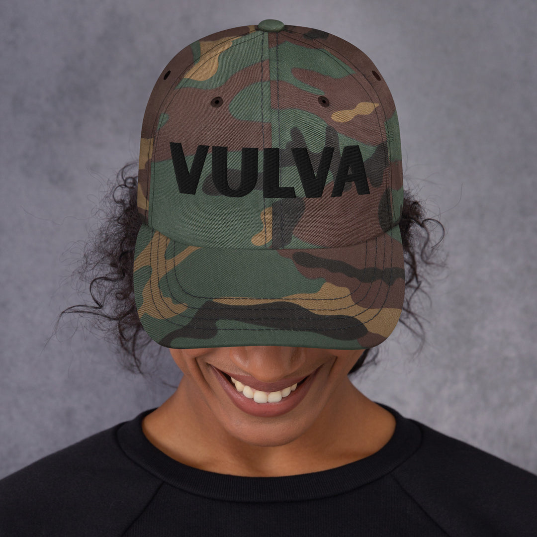 VULVA Dad Cap (Black Text), green camo colorway, front view | MOTHERLODE