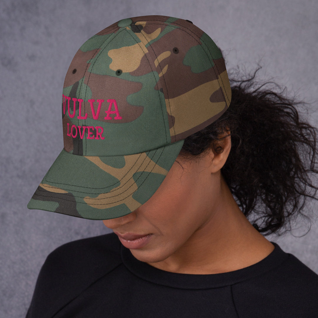 Vulva Lover Dad Cap (Pink Text), green camo colorway, left side view | MOTHERLODE