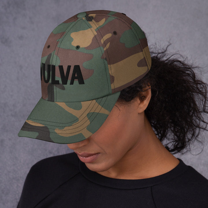 VULVA Dad Cap (Black Text), green camo colorway, left side view | MOTHERLODE