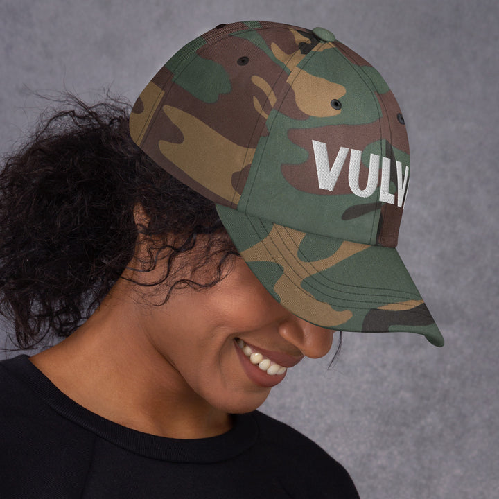 VULVA Dad Cap (White Text), green camo colorway, right side view | MOTHERLODE