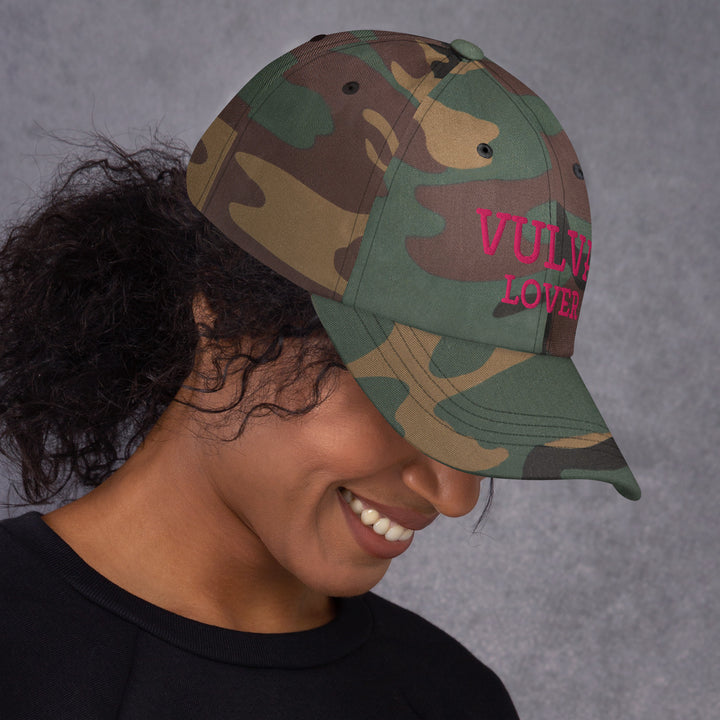 Vulva Lover Dad Cap (Pink Text), green camo colorway, right side view | MOTHERLODE