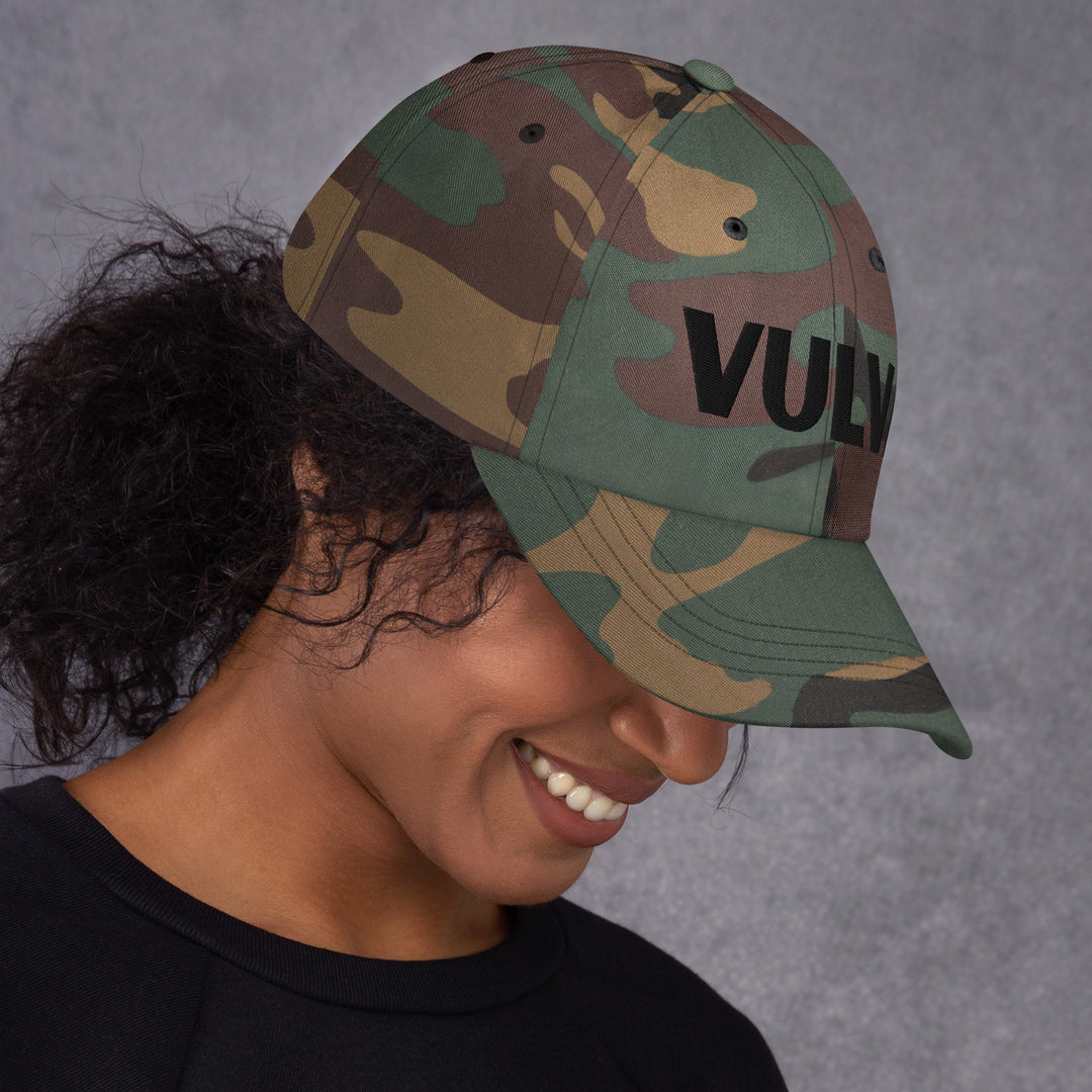 VULVA Dad Cap (Black Text), green camo colorway, right side view | MOTHERLODE