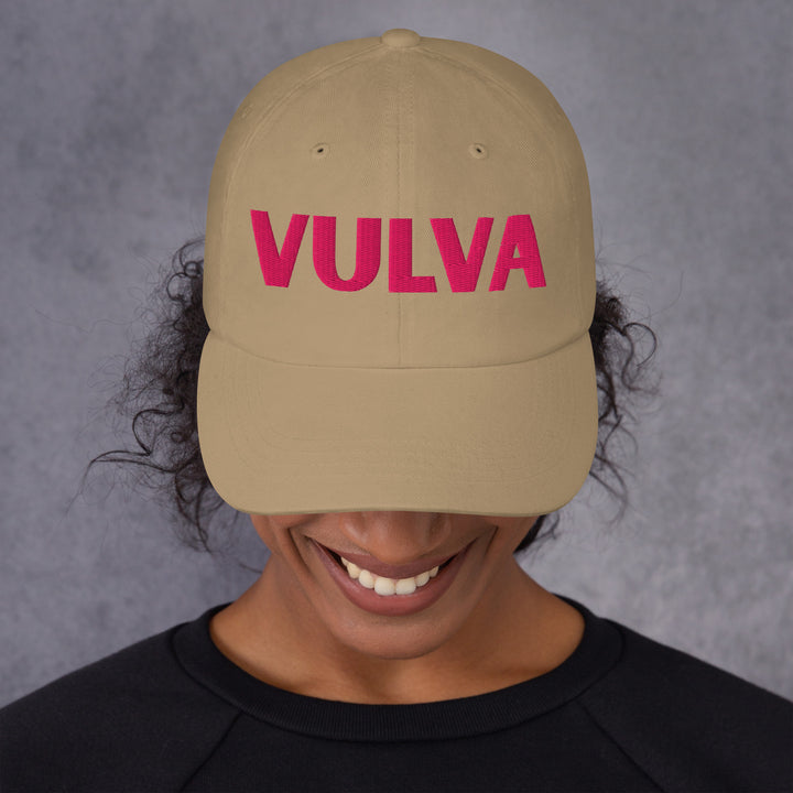 VULVA Dad Cap (Pink Text), khaki colorway, front view | MOTHERLODE